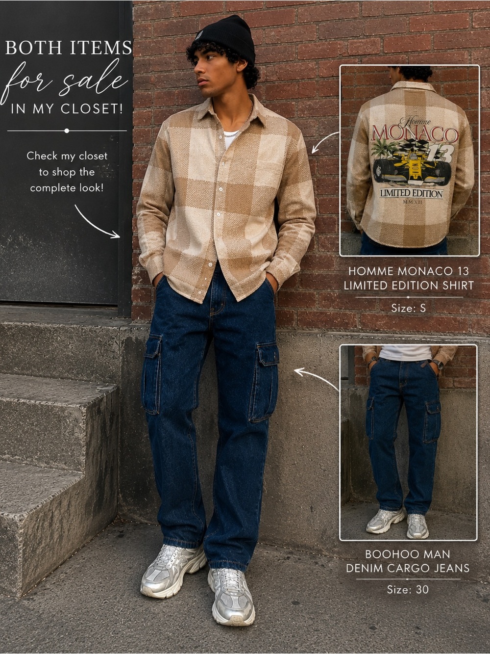 BoohooMAN Mens 30 Dark Indigo Denim Cargo Jeans Y2K Utility Streetwear